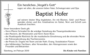 Traueranzeige von Baptist Hofer von Allgäuer Zeitung, Füssen
