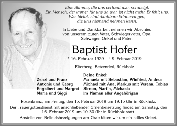 Traueranzeige von Baptist Hofer von Allgäuer Zeitung, Füssen