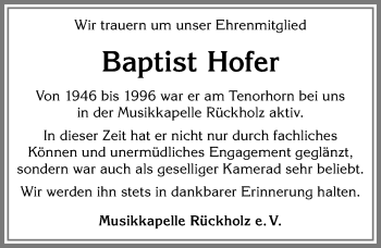 Traueranzeige von Baptist Hofer von Allgäuer Zeitung, Füssen