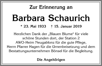 Traueranzeige von Barbara Schaurich von Allgäuer Zeitung, Kaufbeuren/Buchloe