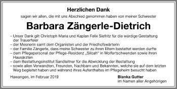 Traueranzeige von Barbara Zängerle-Dietrich von Memminger Zeitung