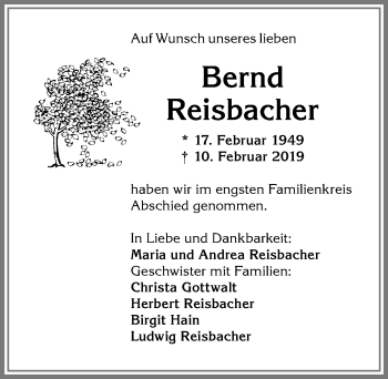 Traueranzeige von Bernd Reisbacher von Allgäuer Anzeigeblatt