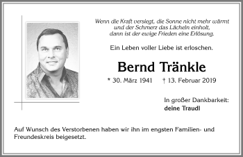 Traueranzeige von Bernd Tränkle von Allgäuer Zeitung,Kempten