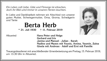 Traueranzeige von Berta Herb von Allgäuer Zeitung,Kempten