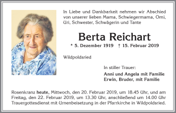 Traueranzeige von Berta Reichart von Allgäuer Zeitung,Kempten