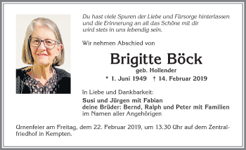 Traueranzeige von Brigitte Böck von Allgäuer Zeitung,Kempten