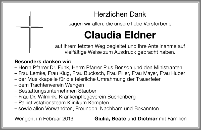  Traueranzeige für Claudia Eldner vom 23.02.2019 aus Allgäuer Zeitung,Kempten