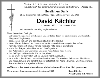 Traueranzeige von David Kächler von Memminger Zeitung