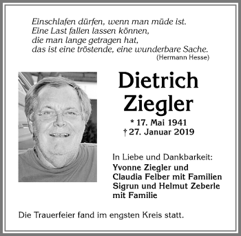 Traueranzeige von Dietrich Ziegler von Allgäuer Zeitung,Kempten