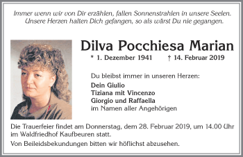 Traueranzeige von Dilva Pocchiesa Pocchiesa Marian von Allgäuer Zeitung, Kaufbeuren/Buchloe