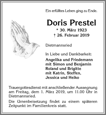 Traueranzeige von Doris Prestel von Allgäuer Zeitung,Kempten