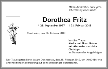Traueranzeige von Dorothea Fritz von Allgäuer Anzeigeblatt