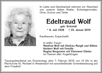 Traueranzeige von Edeltraud Wolf von Allgäuer Zeitung, Kaufbeuren/Buchloe