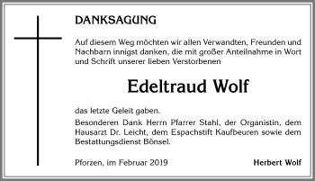 Traueranzeige von Edeltraud Wolf von Allgäuer Zeitung, Kaufbeuren/Buchloe
