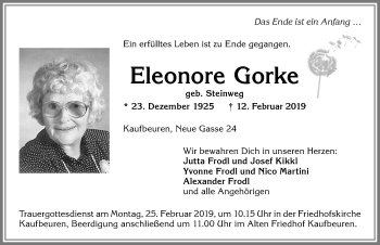 Traueranzeige von Eleonore Gorke von Allgäuer Zeitung, Kaufbeuren/Buchloe