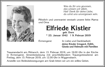 Traueranzeige von Elfriede Kistler von Allgäuer Zeitung,Kempten