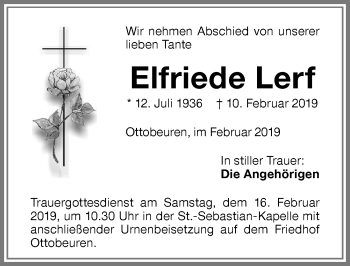 Traueranzeige von Elfriede Lerf von Memminger Zeitung