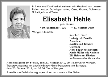 Traueranzeige von Elisabeth Hehle von Allgäuer Zeitung,Kempten