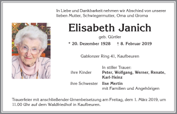 Traueranzeige von Elisabeth Janich von Allgäuer Zeitung, Kaufbeuren/Buchloe
