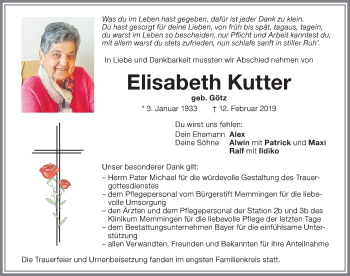 Traueranzeige von Elisabeth Kutter von Memminger Zeitung