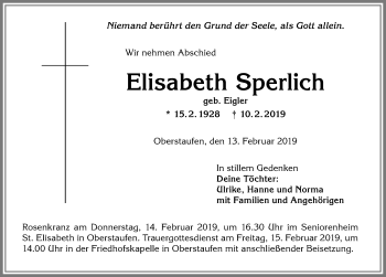 Traueranzeige von Elisabeth Sperlich von Allgäuer Anzeigeblatt