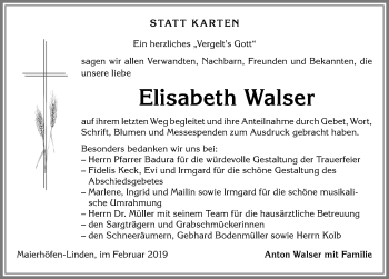 Traueranzeige von Elisabeth Walser von Der Westallgäuer