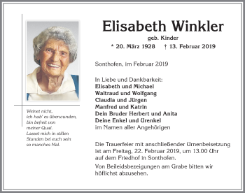 Traueranzeige von Elisabeth Winkler von Allgäuer Anzeigeblatt