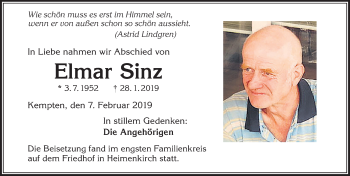 Traueranzeige von Elmar Sinz von Allgäuer Zeitung,Kempten