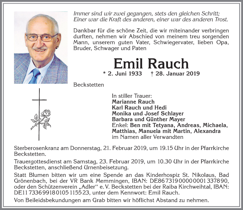  Traueranzeige für Emil Rauch vom 19.02.2019 aus Allgäuer Zeitung, Kaufbeuren/Buchloe