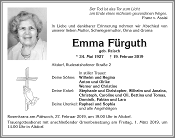 Traueranzeige von Emma Fürguth von Allgäuer Zeitung, Marktoberdorf