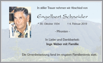 Traueranzeige von Engelbert Schneider von Allgäuer Zeitung, Füssen