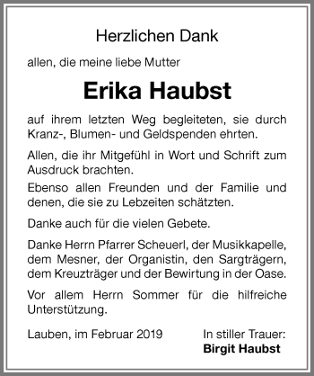 Traueranzeige von Erika Haubst von Memminger Zeitung