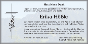 Traueranzeige von Erika Hößle von Allgäuer Zeitung, Füssen