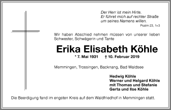 Traueranzeige von Erika Elisabeth Köhle von Memminger Zeitung