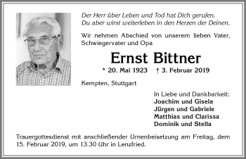 Traueranzeige von Ernst Bittner von Allgäuer Zeitung,Kempten