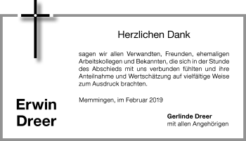 Traueranzeige von Erwin Dreer von Memminger Zeitung