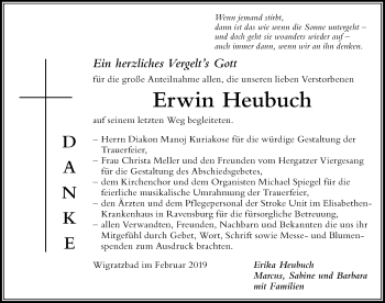 Traueranzeige von Erwin Heubuch von Der Westallgäuer