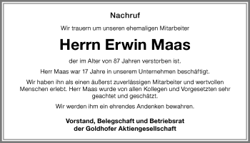 Traueranzeige von Erwin Maas von Memminger Zeitung