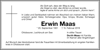 Traueranzeige von Erwin Maas von Memminger Zeitung