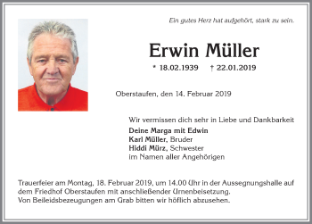 Traueranzeige von Erwin Müller von Allgäuer Anzeigeblatt