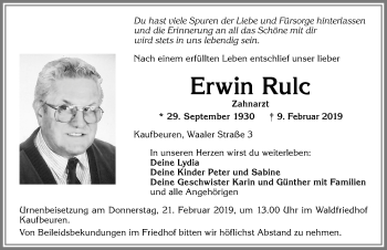 Traueranzeige von Erwin Rulc von Allgäuer Zeitung, Kaufbeuren/Buchloe