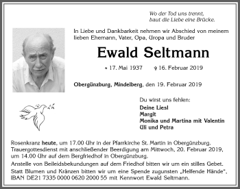 Traueranzeige von Ewald Seltmann von Allgäuer Zeitung, Marktoberdorf