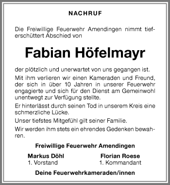 Traueranzeige von Fabian Höfelmayr von Memminger Zeitung
