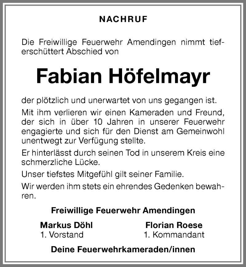  Traueranzeige für Fabian Höfelmayr vom 27.02.2019 aus Memminger Zeitung