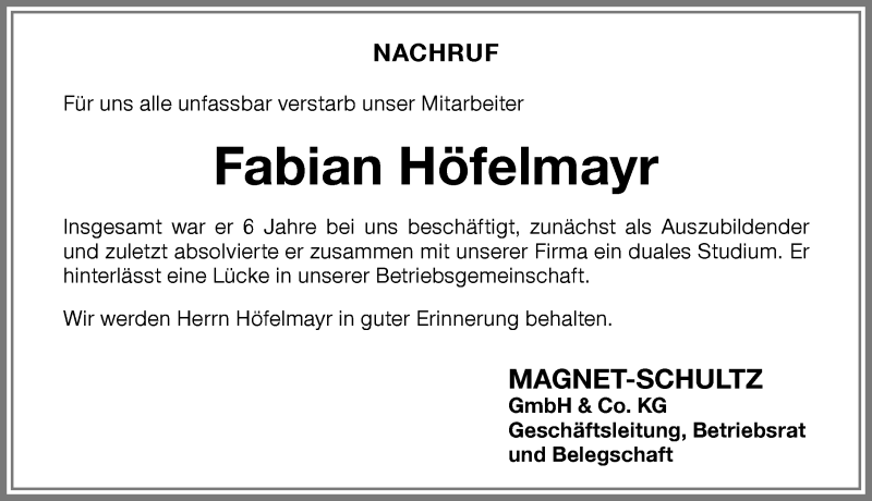  Traueranzeige für Fabian Höfelmayr vom 27.02.2019 aus Memminger Zeitung