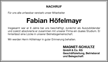 Traueranzeige von Fabian Höfelmayr von Memminger Zeitung