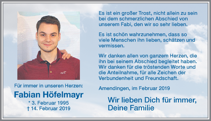  Traueranzeige für Fabian Höfelmayr vom 27.02.2019 aus Memminger Zeitung