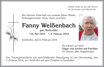Traueranzeige von Fanny Weißenbach von Allgäuer Anzeigeblatt