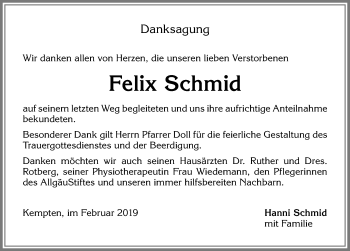 Traueranzeige von Felix Schmid von Allgäuer Zeitung,Kempten