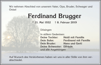Traueranzeige von Ferdinand Brugger von Allgäuer Zeitung, Kaufbeuren/Buchloe